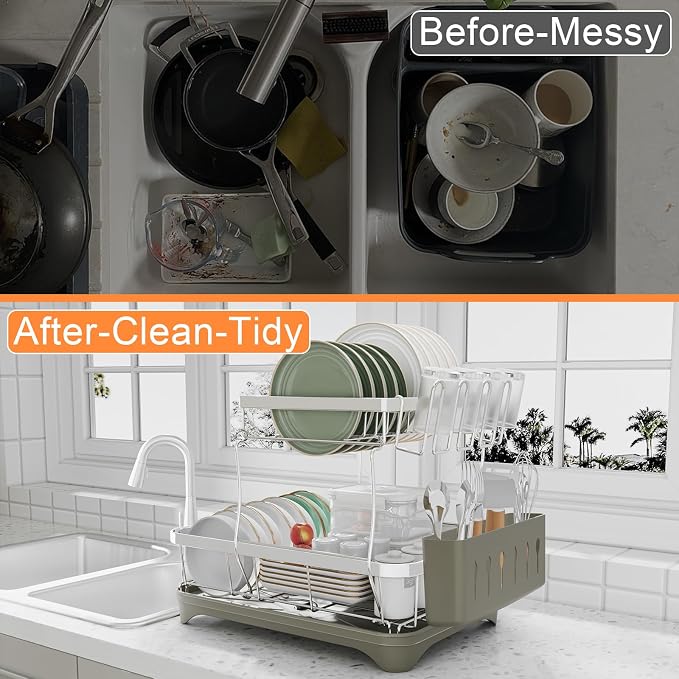 Dish Drying Rack, 2 -Tier 304 Stainless Steel Adjustable Spout Auto-Draining - Image 3