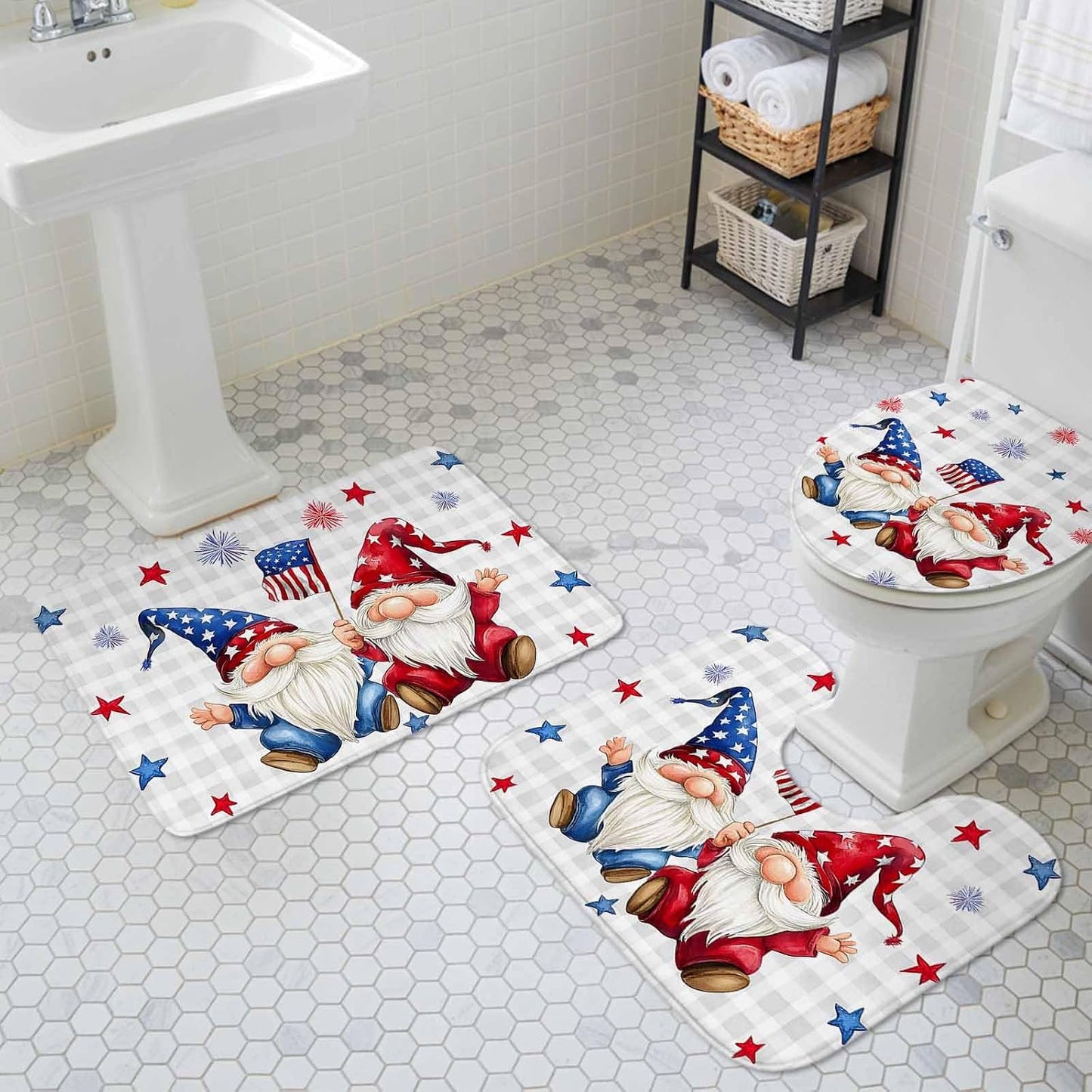 4th of July Bathroom Rugs and Mats Sets 3 Piece Patriotic Stars Gnomes Bath Sets Non Slip Bath Rug Set with U Shape Rug Fireworks Grey Buffalo Plaid Contour Toilet Rug for Bathroom Floor Large Size