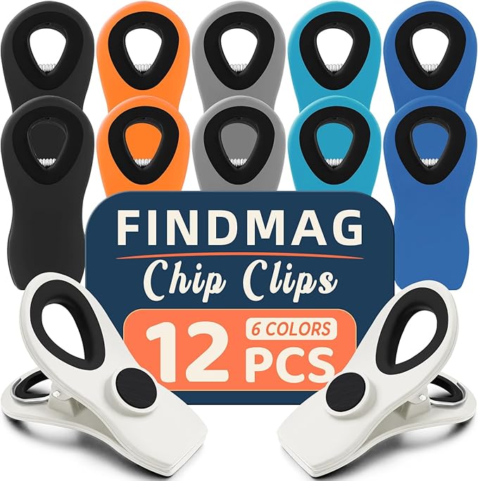 12 Pack Chip Clips, Colorful Magnetic Clip, Plastic Bag Clips by FINDMAG