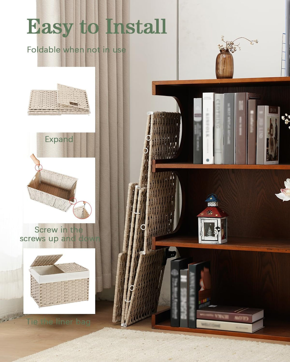 SETVSON Storage Basket with Lid, 2-Lid PE Rattan Storage Bin, Light Khaki