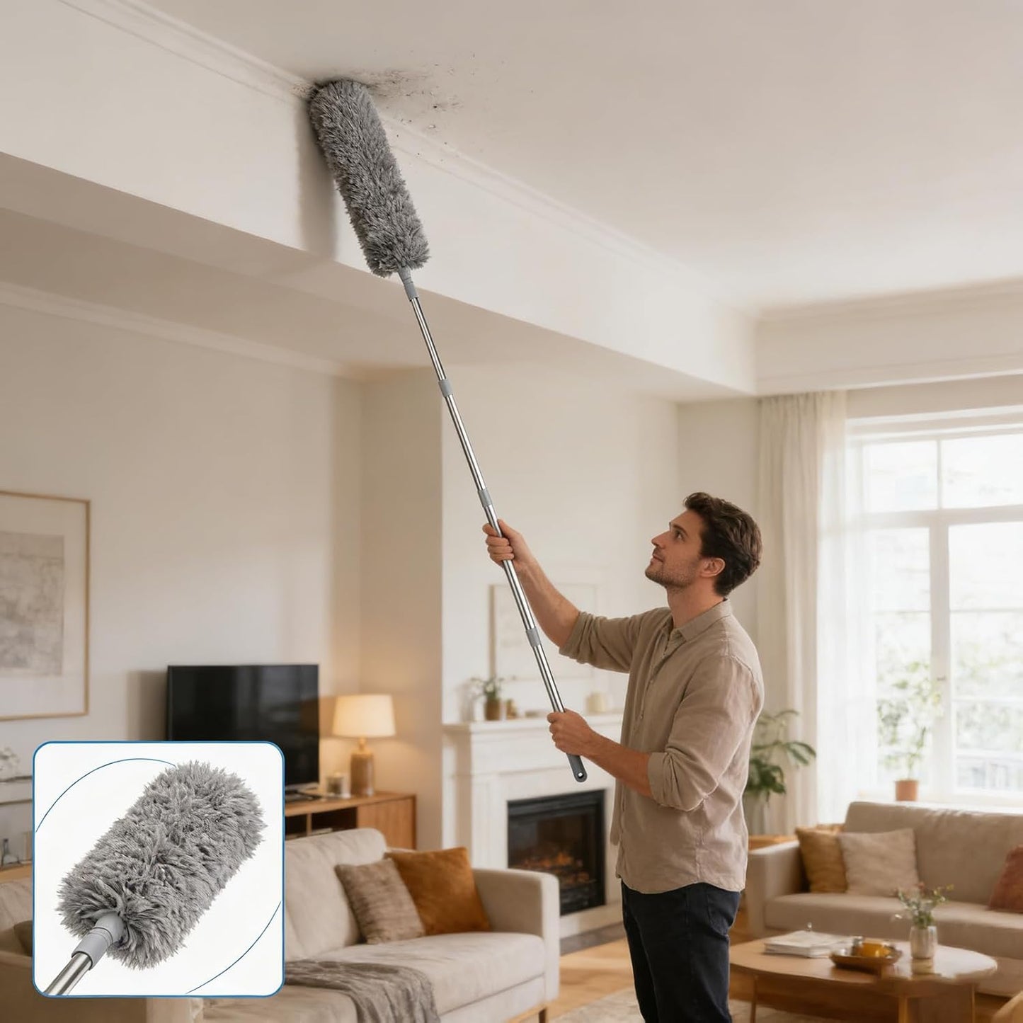 Duster with Extension Pole, Cobweb Duster with Extension pol, for Cleaning Ceiling Fans, Ceilings, Cobwebs, Furniture, Cars, etc. Long dusters for Cleaning