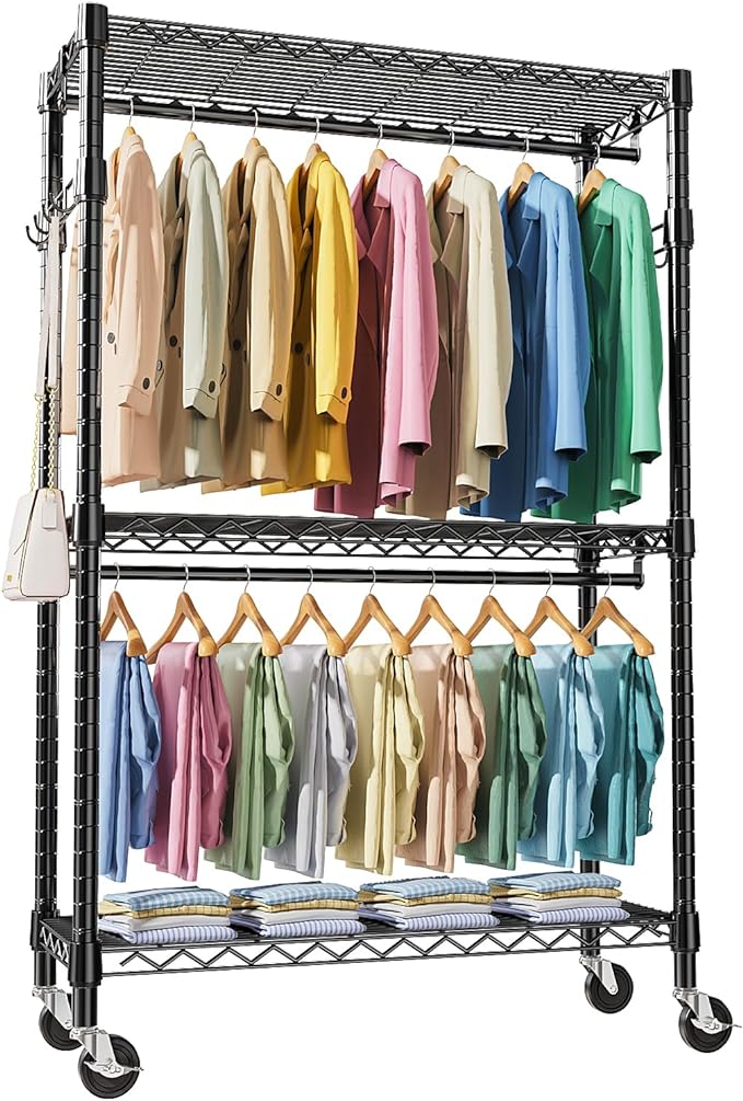 Heavy Duty Rolling Garment Rack 3 Tiers Adjustable Wire Shelving Clothes Rack by MEIGAOPLASTICANDMETALHKCOLIMITED