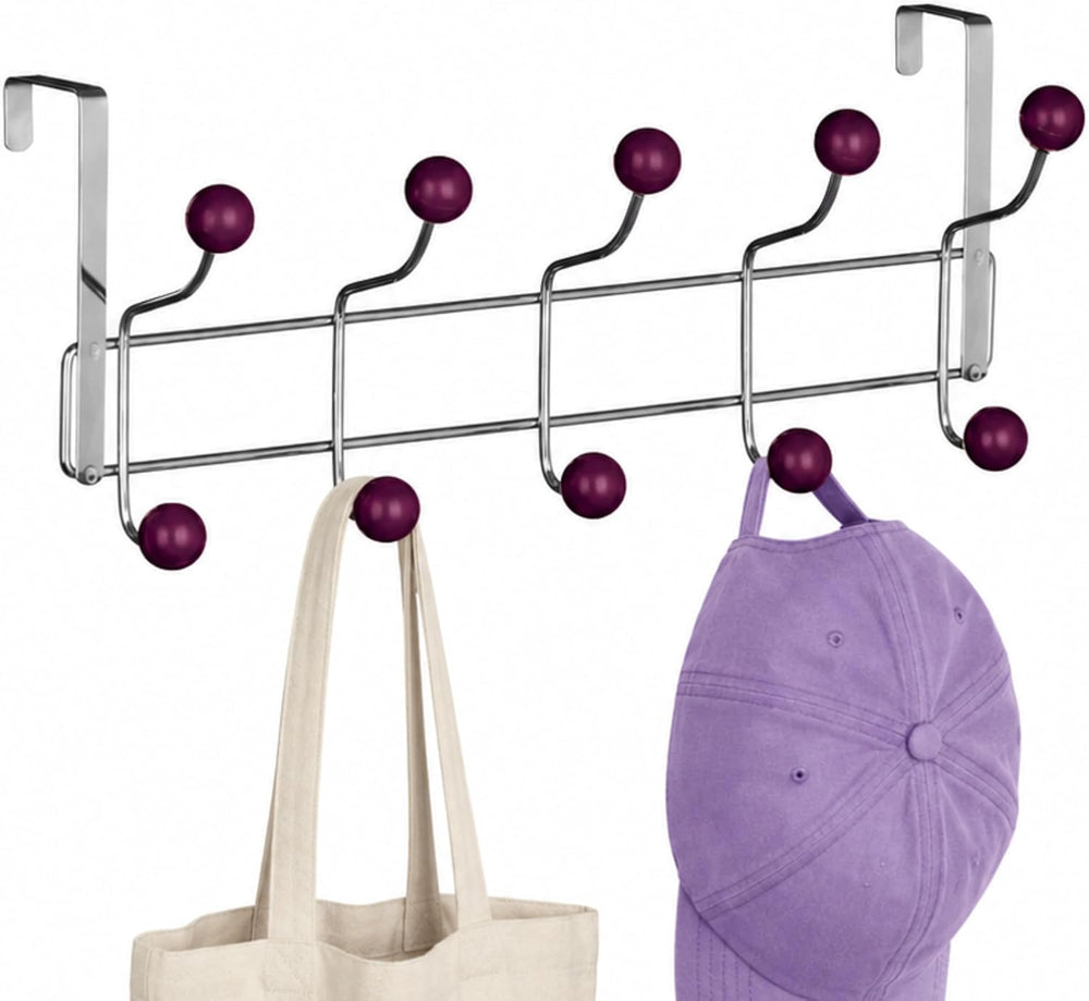 Premier Purple Over Door Coat Hooks - 10 Hooks, Chrome Finish, Modern Minimal...