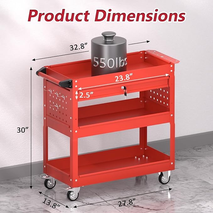 3 Tier Rolling Tool Cart on Wheels, Heavy Duty Service Cart Industrial Utility - Image 5