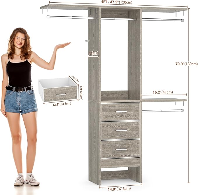 4FT Small Closet System with 3 Fabric Drawers, Flexible Built-In Clothes - Image 6