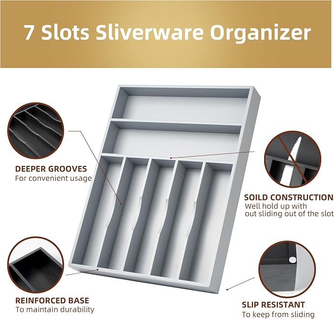 Silverware Organizer 13 Inch Gray Bamboo Kitchen Drawer Organizer 7 Slots - Image 4