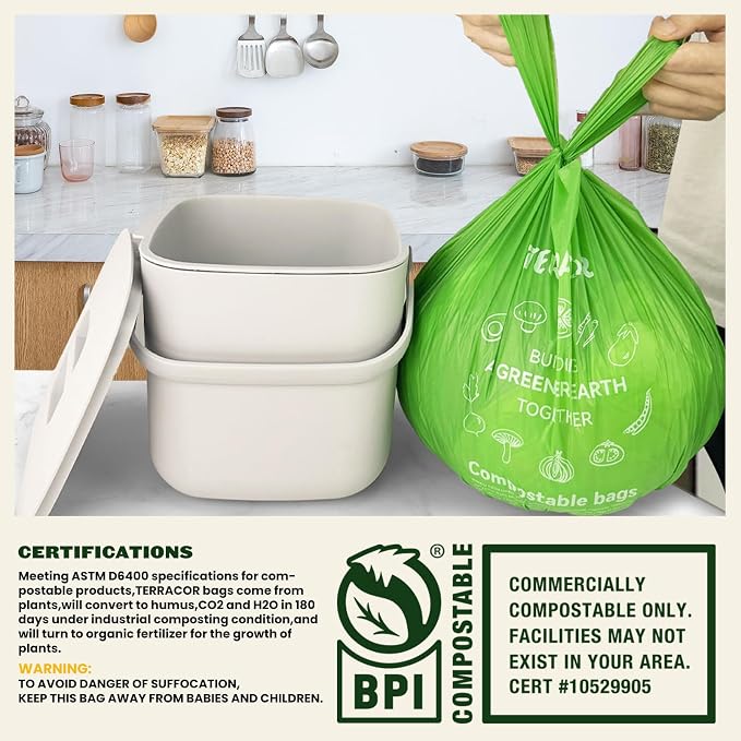 Compost Bags, Handle Tie Food Scrap Bags 3 Gallon, Certified by BPI and ASTM - Image 6