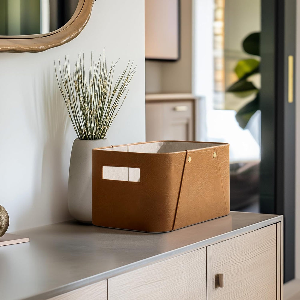 La Jolie Maison Faux Leather Storage Baskets for Organizing, Camel 2 Pack