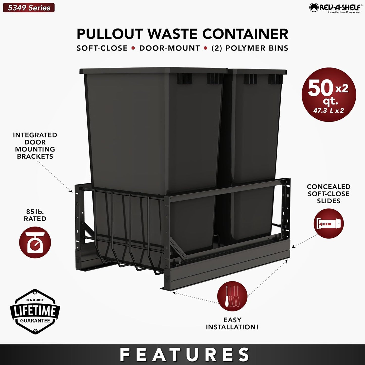Rev-A-Shelf Aluminum Double Pullout Waste Container for Kitchen Base Cabinets, 50 Qt Trash Can with Soft-Close Slides, Black, 5349-2150DM-218