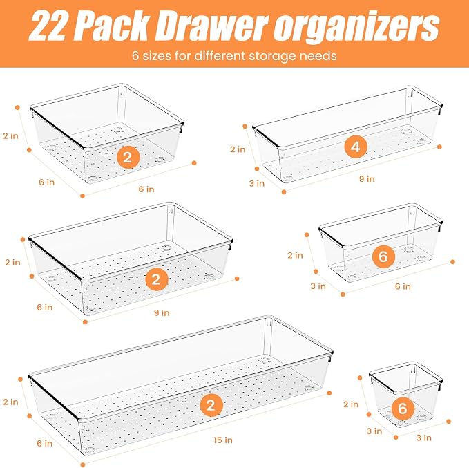 Criusia 22 Pcs Drawer Organizer Bins, Acrylic Non Slip Kitchen Drawer - Image 2