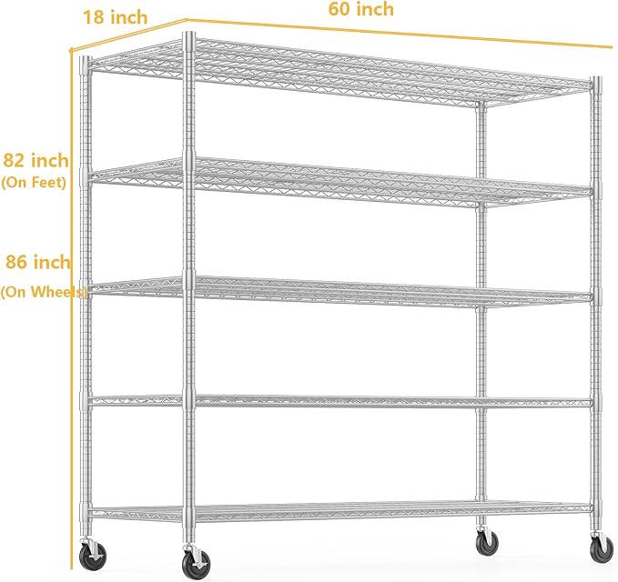 Himimi Storage Shelves with Wheels, 5-Tier Heavy Duty Steel Wire Rack Storage