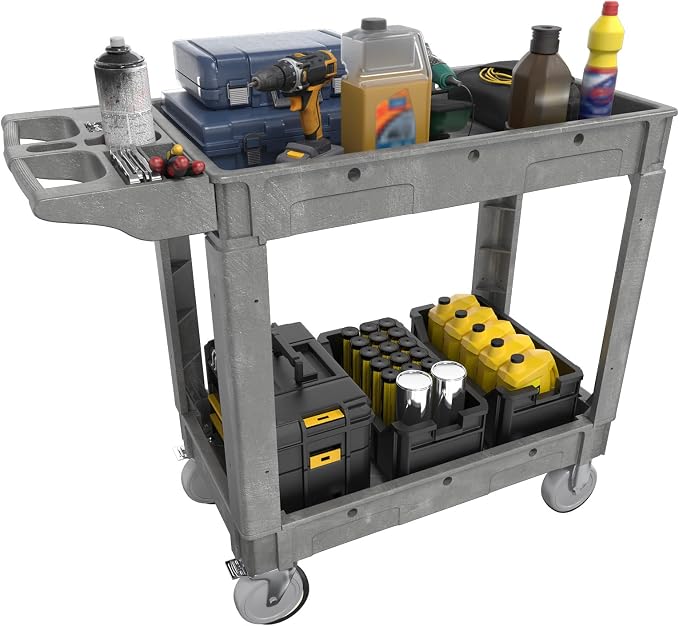 2 Tier Plastic Rolling Cart Utility Cart on Wheels, Heavy Duty Tool Carts by Maemttes