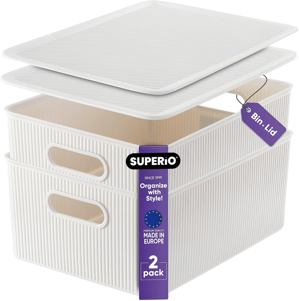Superio Ribbed Collection - Decorative Plastic Basket Lidded Home Storage Bin...
