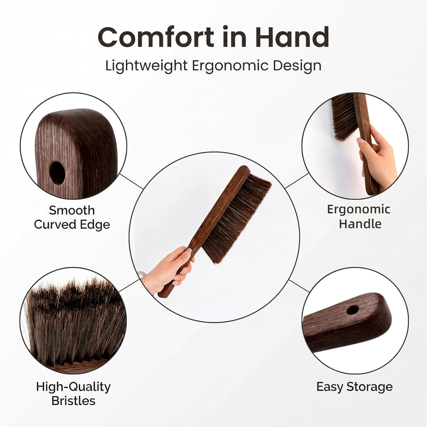 Hand Broom with Soft Horsehair Bristles, Wooden Handle, Dusting Brush for Car, Bed, Furniture, and Couch