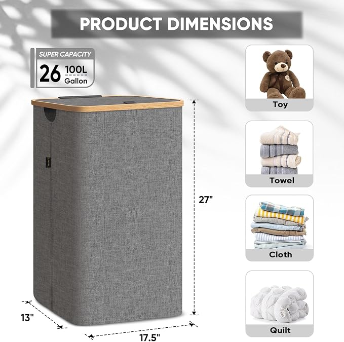 BALEINE Laundry Hamper with Lid, Tall Laundry Baskets with Bamboo Pull Handles - Image 3