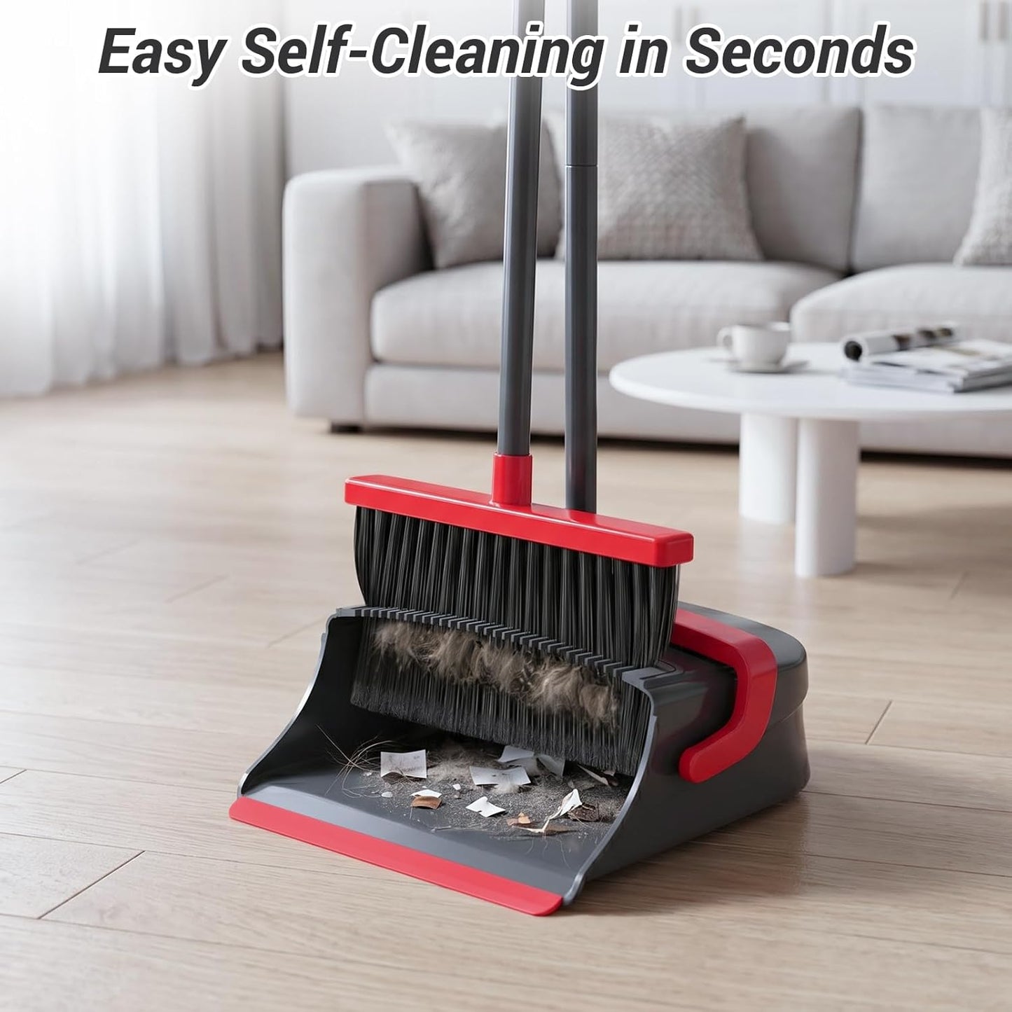 Broom with Dustpan Combo Set, Long Handle Upright Standing Self-Cleaning Broom and Dustpan Set for Pet Hair & Dust Cleanup, Indoor Outdoor Use for Home, Kitchen, Office, Red & Gray