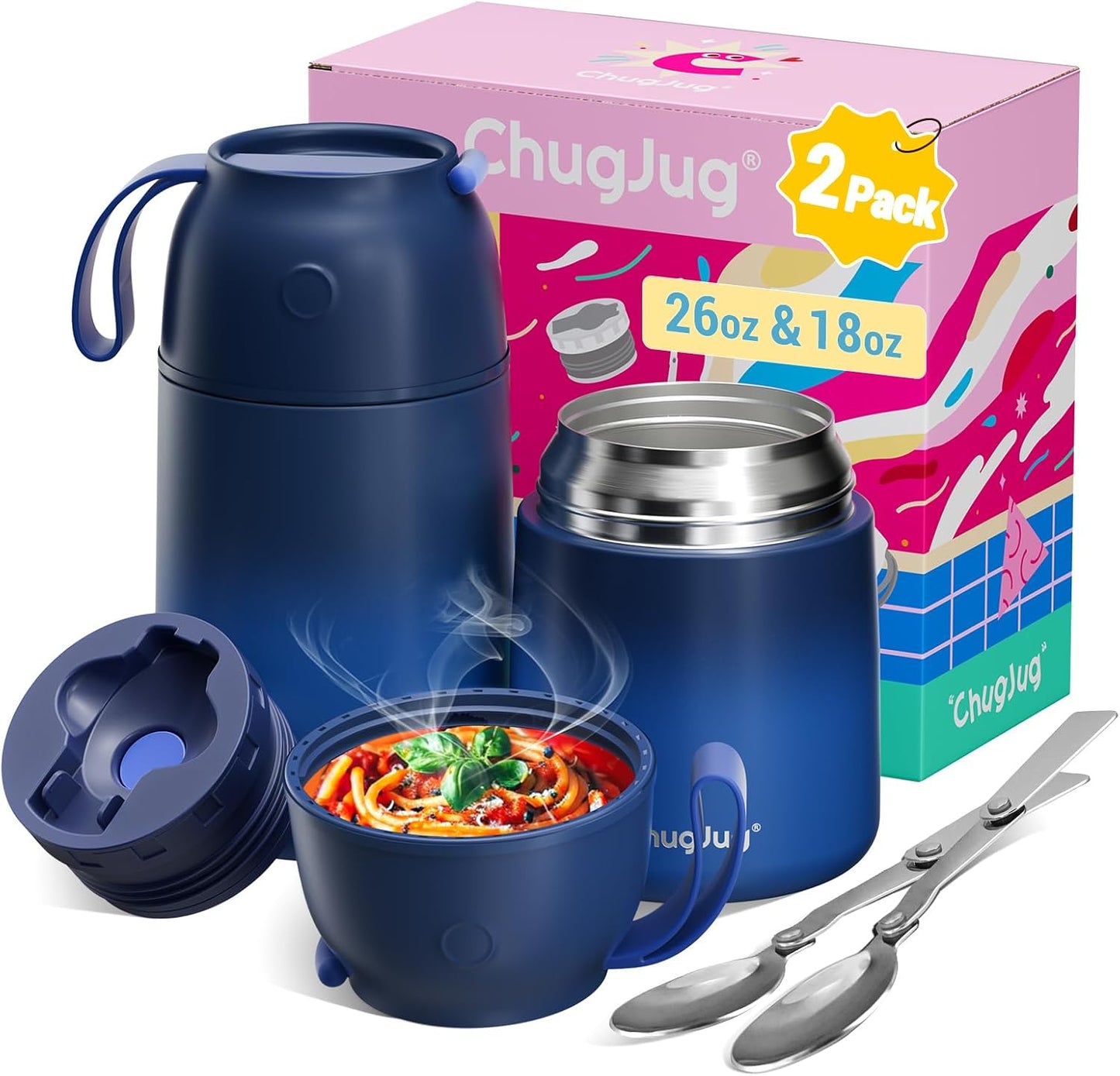 2 Pack Thermo for Hot Food with Spoons, 26oz & 18oz Food Jar Set | Leak-Proof Stainless Steel Vacuum Insulated Soup Containers, Cute Stylish Design for School, Work & Travel