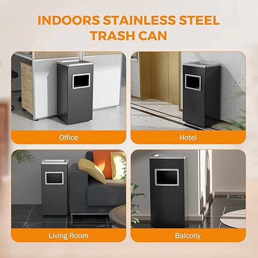 BEAMNOVA Trash Can Indoor Outdoor Black Stainless Steel Commercial Garbage Can - Image 6