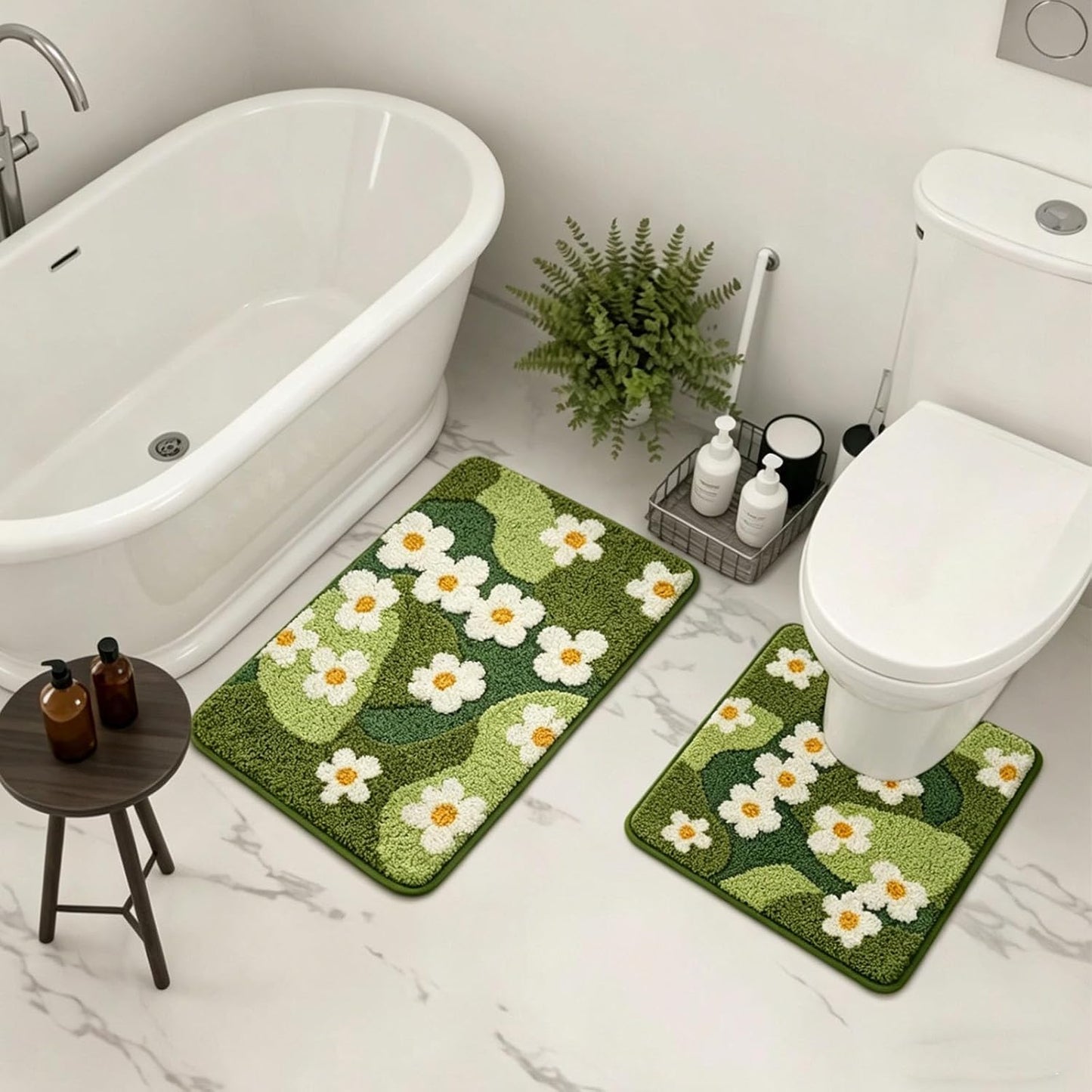 Bathroom Rug Set 2 piece Green Flower Bath Mat Set, Cute Bath Mat and U-Shaped Toilet Mat,Ultra Soft Absorbent Non Slip, 32" x 20" Machine Washable Moss Bathroom Mat(Blooming Set, 22" x 20")