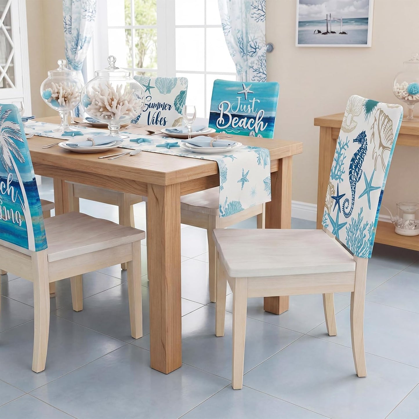 FuWeave 6 Pcs Summer Beach Chair Covers Blue Ocean Coastal Chair Back Covers Decorative Starfish Coral Seat Protector Washable Nautical Dining Room Slipcovers for Farmhouse Hotel Kitchen Decor