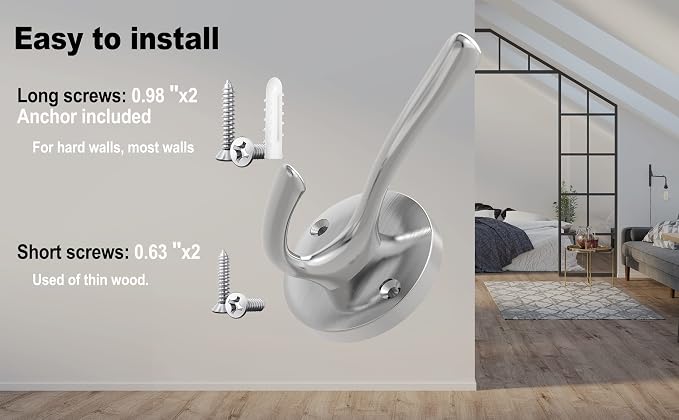 Brushed Nickel Wall Hooks Towel Hooks, 2 Pack Coat Robe Hook Heavy Duty - Image 5
