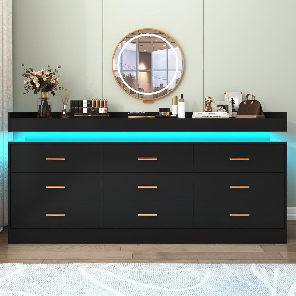 Hlivelood 9 Drawer Dresser with LED Light and Charging Station, Modern Chest ...