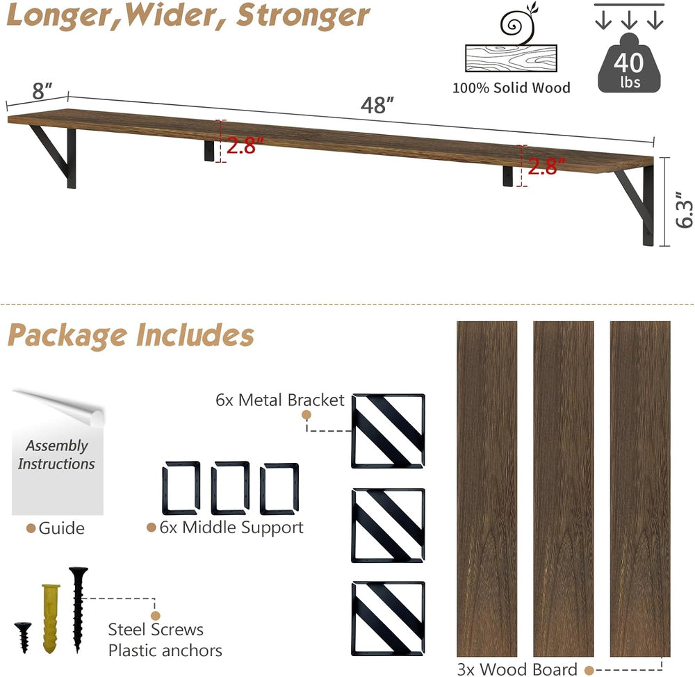 Forbena 48 Inch Floating Shelves for Wall Long Set of 3, Large Wooden Wall Bo...