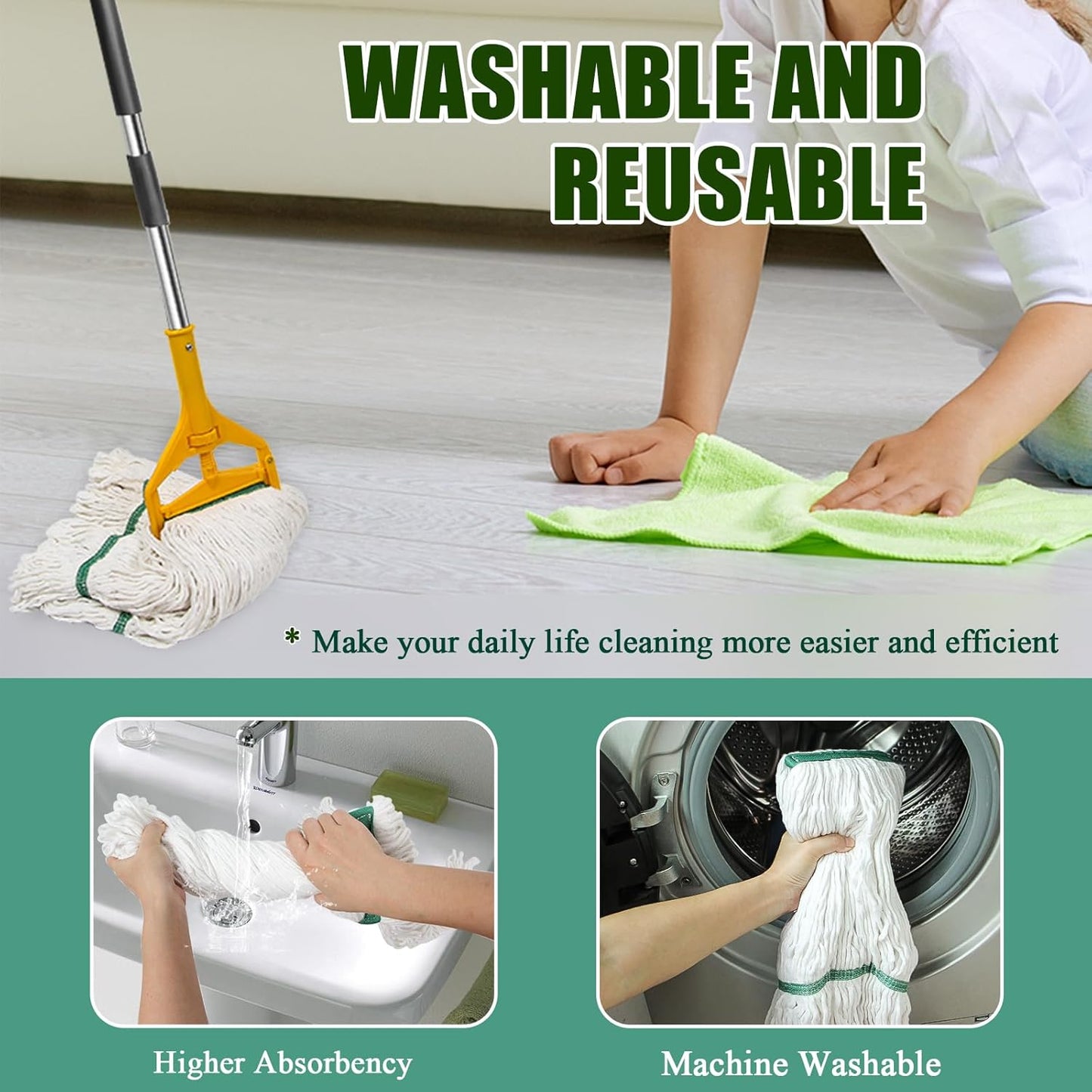 3 Pack Heavy Duty Commercial Industrial Mop Replacement Heads with 48'' Long Handle, 20oz Looped-End String Wet Cotton Mops Refills for Home,Garage,Office and Kitchen