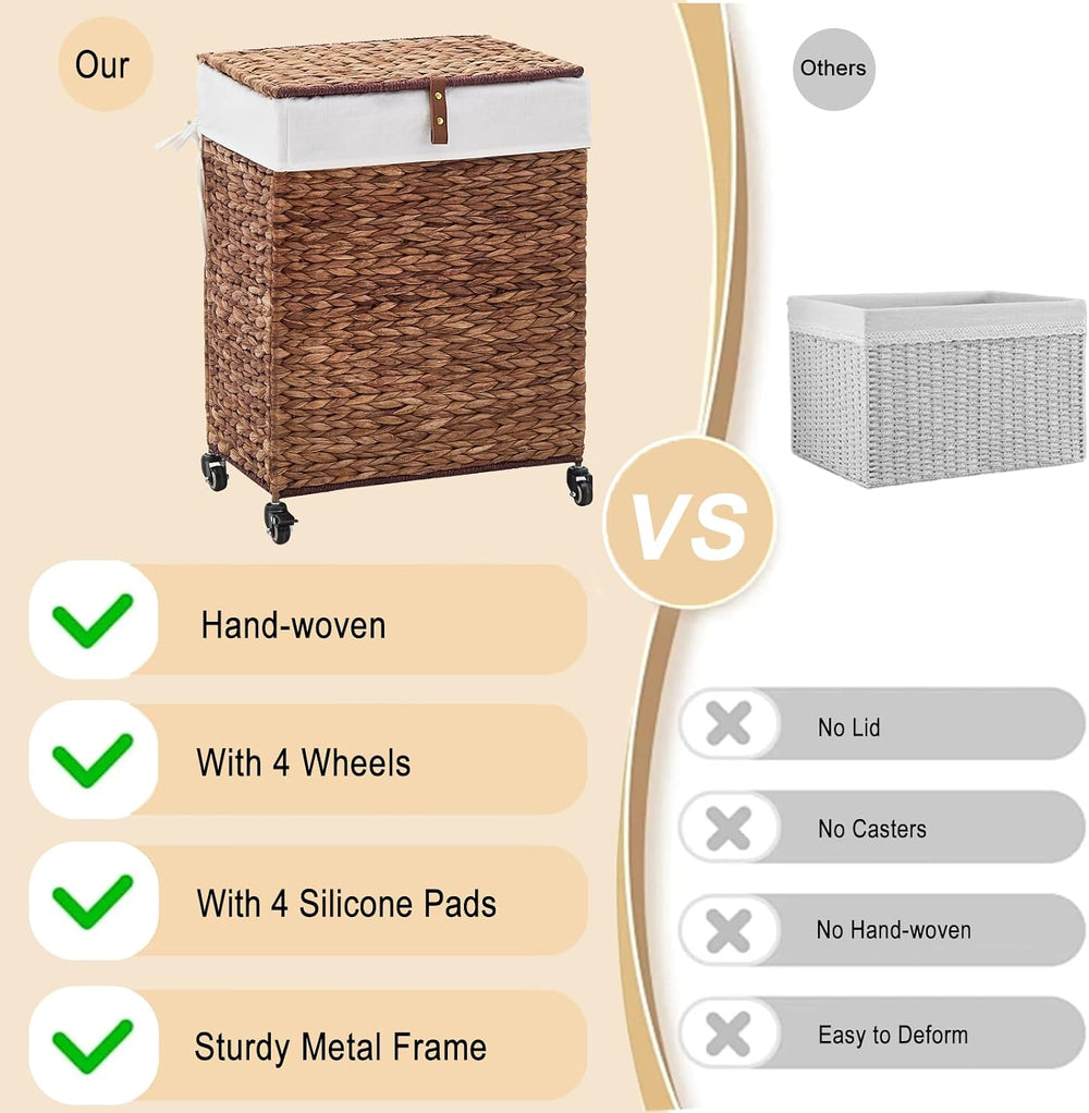 Handwoven Laundry Hamper with Wheels, Natural Water Hyacinth Rolling Laundry ...