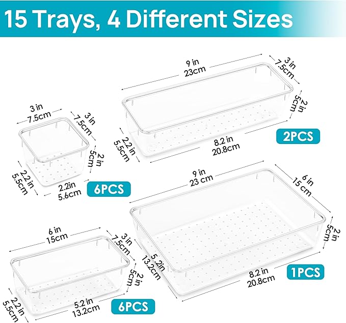 Vtopmart 15 PCS Clear Plastic Drawer Organizers Set, 4-Size Versatile Bathroom - Image 6