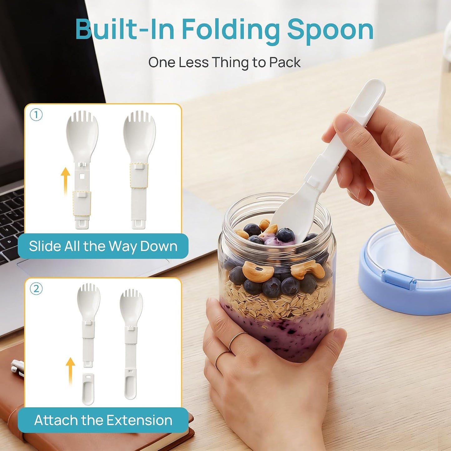Vtopmart 6 Pack 16oz Glass Overnight Oats Container with Spoon, Compartment | Folding Spoons, Divided Compartments, Airtight Leakproof, Portable, Wide Mouth, For Yogurt, Chia Pudding, Salad Pickling