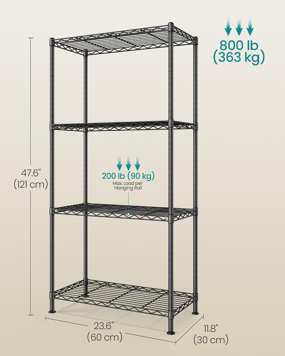 SONGMICS 4-Tier Storage Shelves, Adjustable Wire Shelving Unit, 8 Hooks
