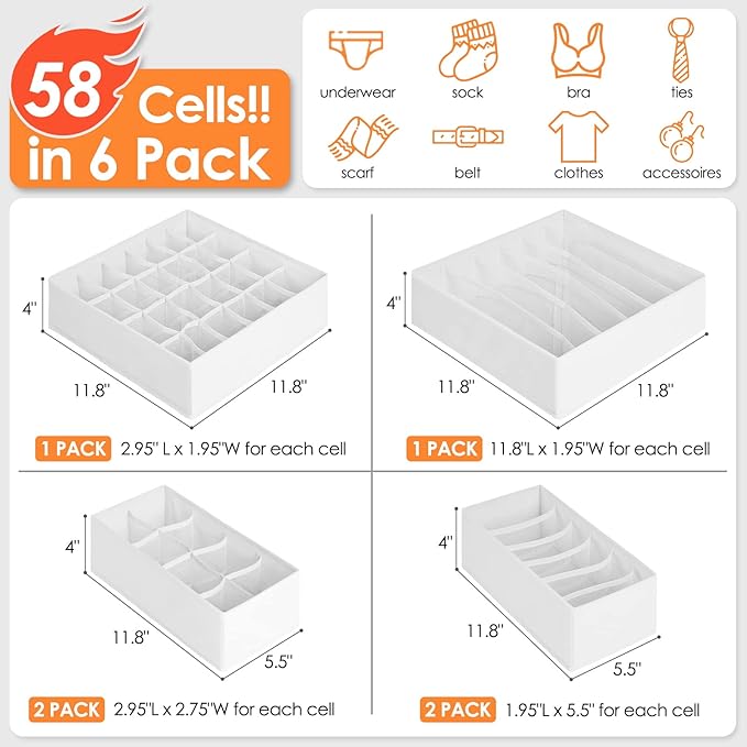 6 Pack Sock Underwear Drawer Organizer Dividers, 58 Cell Foldable Fabric - Image 4