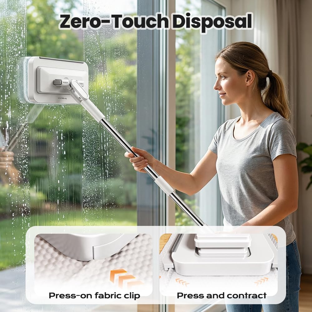 Hands-Free Multi-Purpose Flat Mop, Long Handle Hands Free Flat Mop One Click Convenient Cloth Changing MiniMops, Disposable Dust Snap Mops Grip Zero Touch Mops for Multi Surface Cleaning (37.4 in)