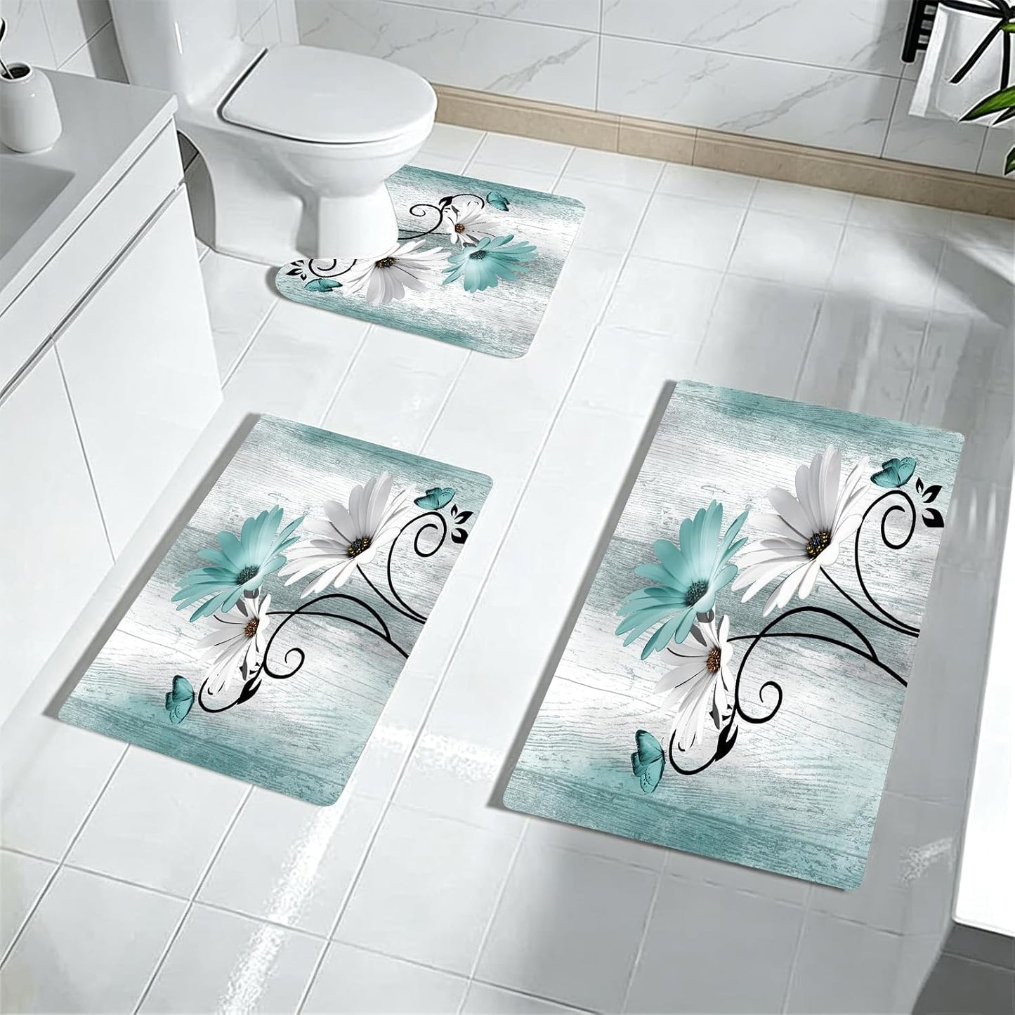 Onalasyc Bathroom Rugs Sets 3 Piece,Teal Daisy Rustic Farmhouse Flowers Butterfly Bath Rug Non Slip Quick Dry Diatomaceous Earth Bath Mat Wood Vintage Decor Washable Suitable for Bathroom,Tub,Shower