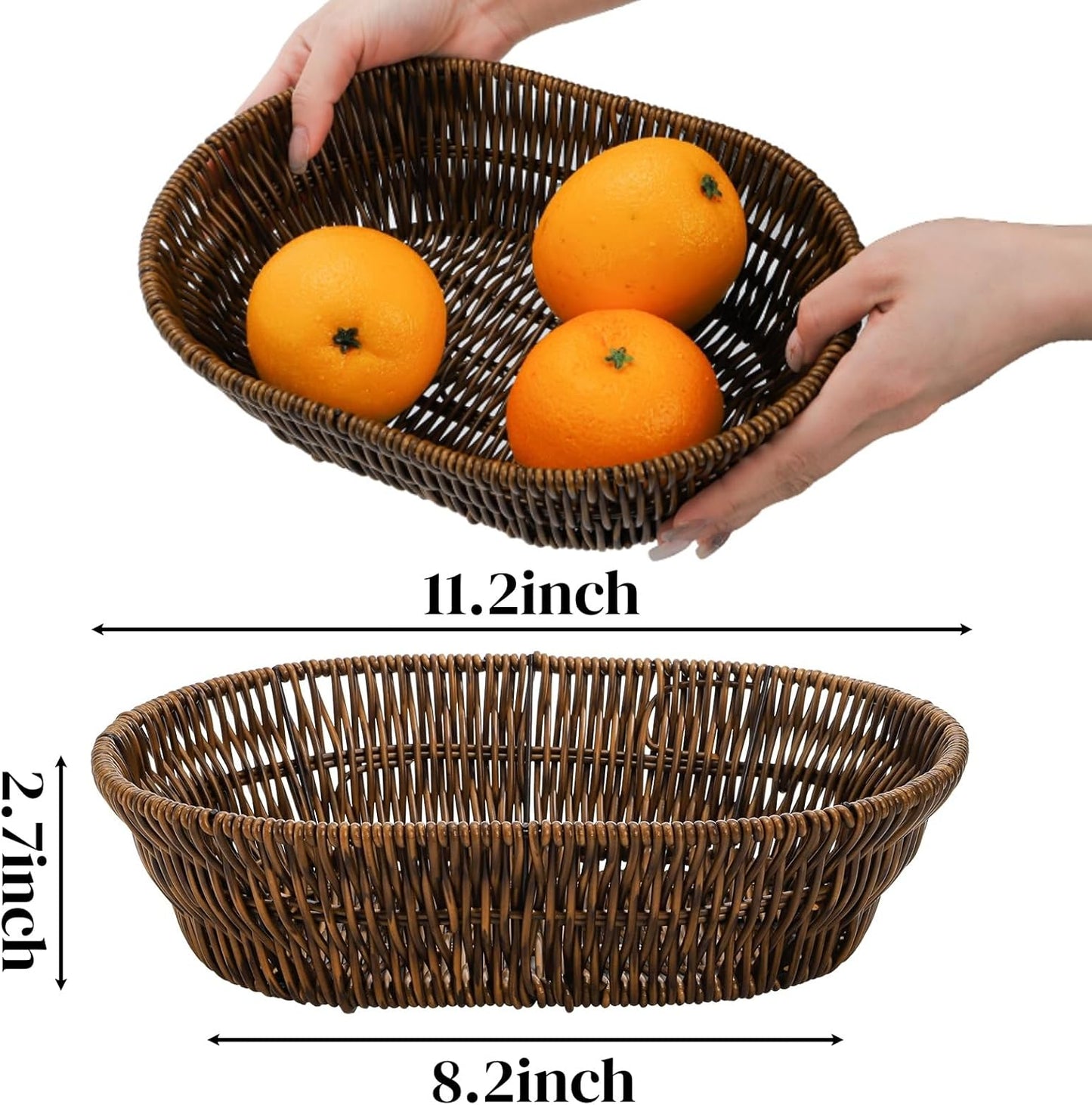 ZAVOOS 3 Pack Wicker Bread Basket, 11 Inch Food Serving Tray | Handwoven Oval Fruit Baskets, Tabletop Stackable Pantry Organizer Bin for Home Kitchen, Restaurant, Bakery, Vegetable Storage