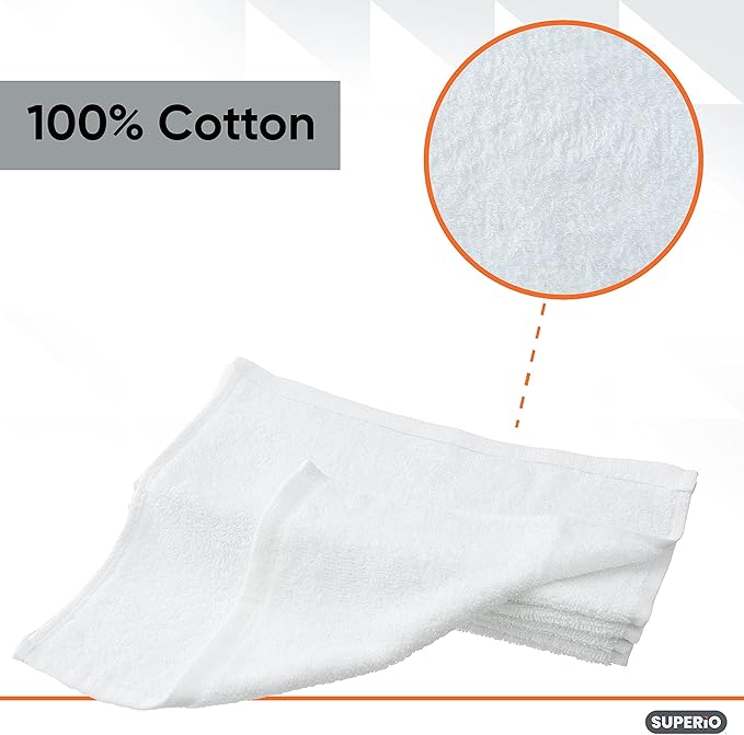 Superio Terry Cloth Rags White Washcloths 100% Cotton 12" Cleaning Cloths - Image 3