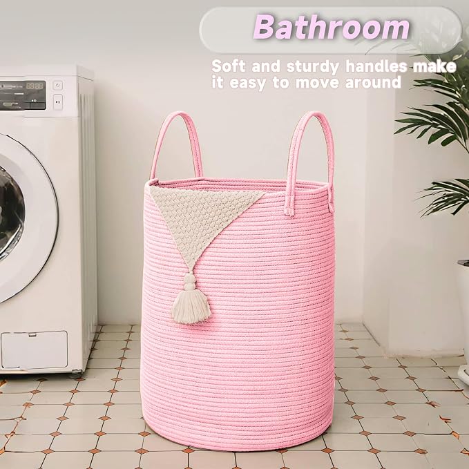Large Woven Laundry Basket Hamper, 80L Cotton Rope Storage Bin - Image 5