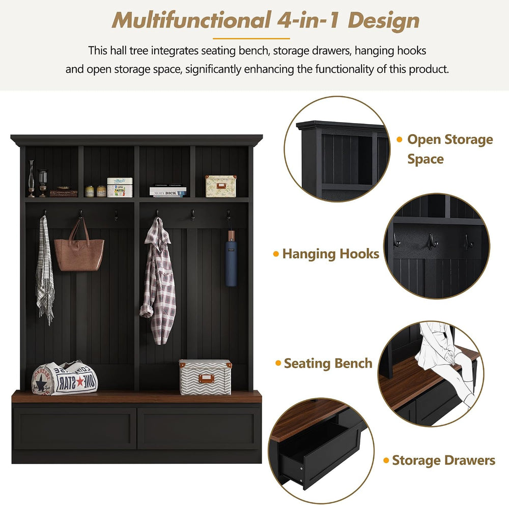 4-in-1 Hall Tree with Wood Grain Bench, Entryway Shoe Storage Organizer with ...