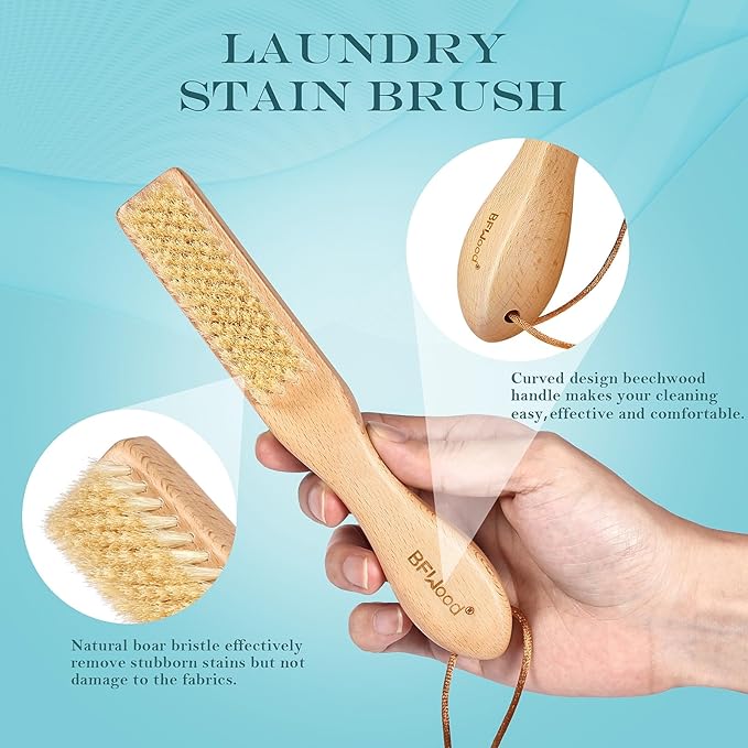 BFWood Laundry Stain Brush, Large Natural Soft Boar Bristles, Removes Tough - Image 3