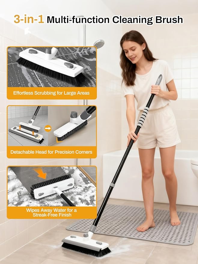 3 in 1 Floor Scrub Brush with Long Handle 55" Push Broom Stiff Bristle Scrubber - Image 4