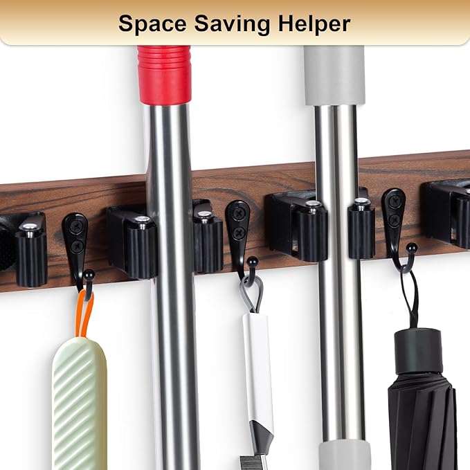 Broom Holder Wall Mount With 5 Slots & 4 Hooks，Rustic Wood Broom & Mop - Image 3