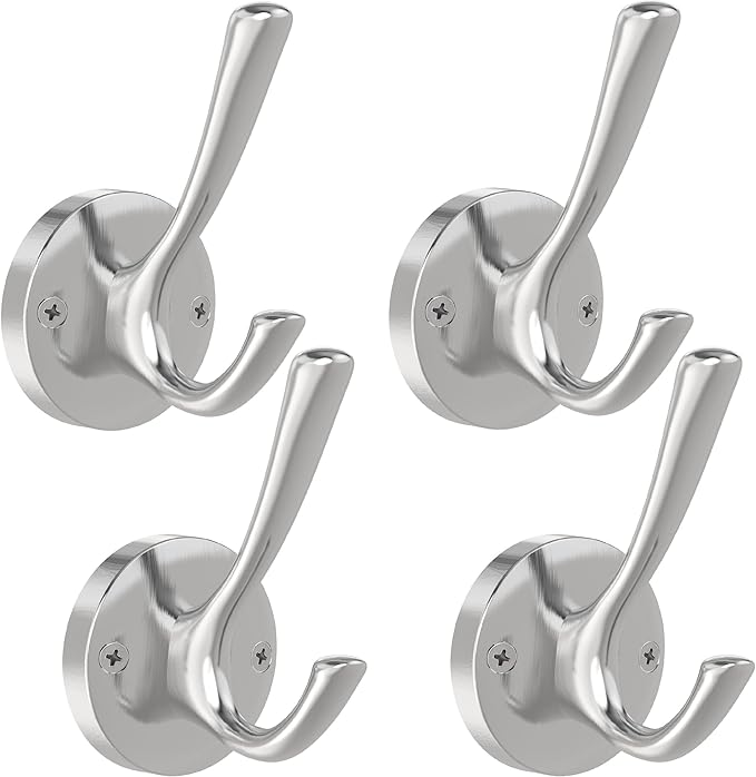 Brushed Nickel Wall Hooks, 4 Pack Heavy Duty Coat Towel Hook Metal Double Hook by TOFIIGREM