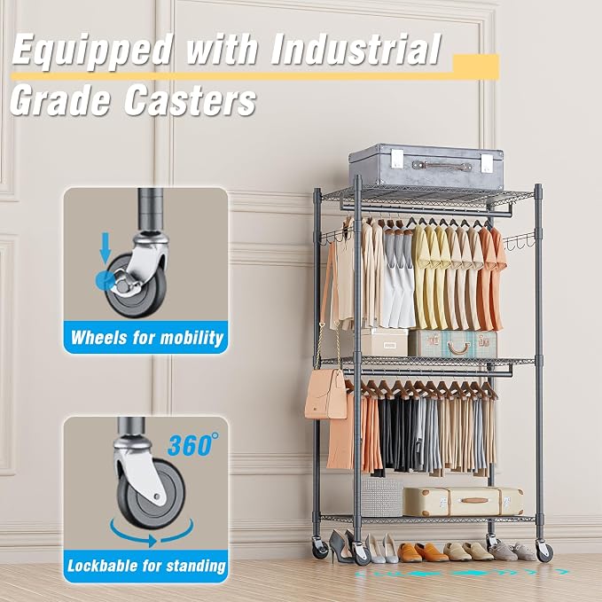 Homdox Garment Rack Heavy Duty, 3 Tier Rolling Clothing Racks - Image 4