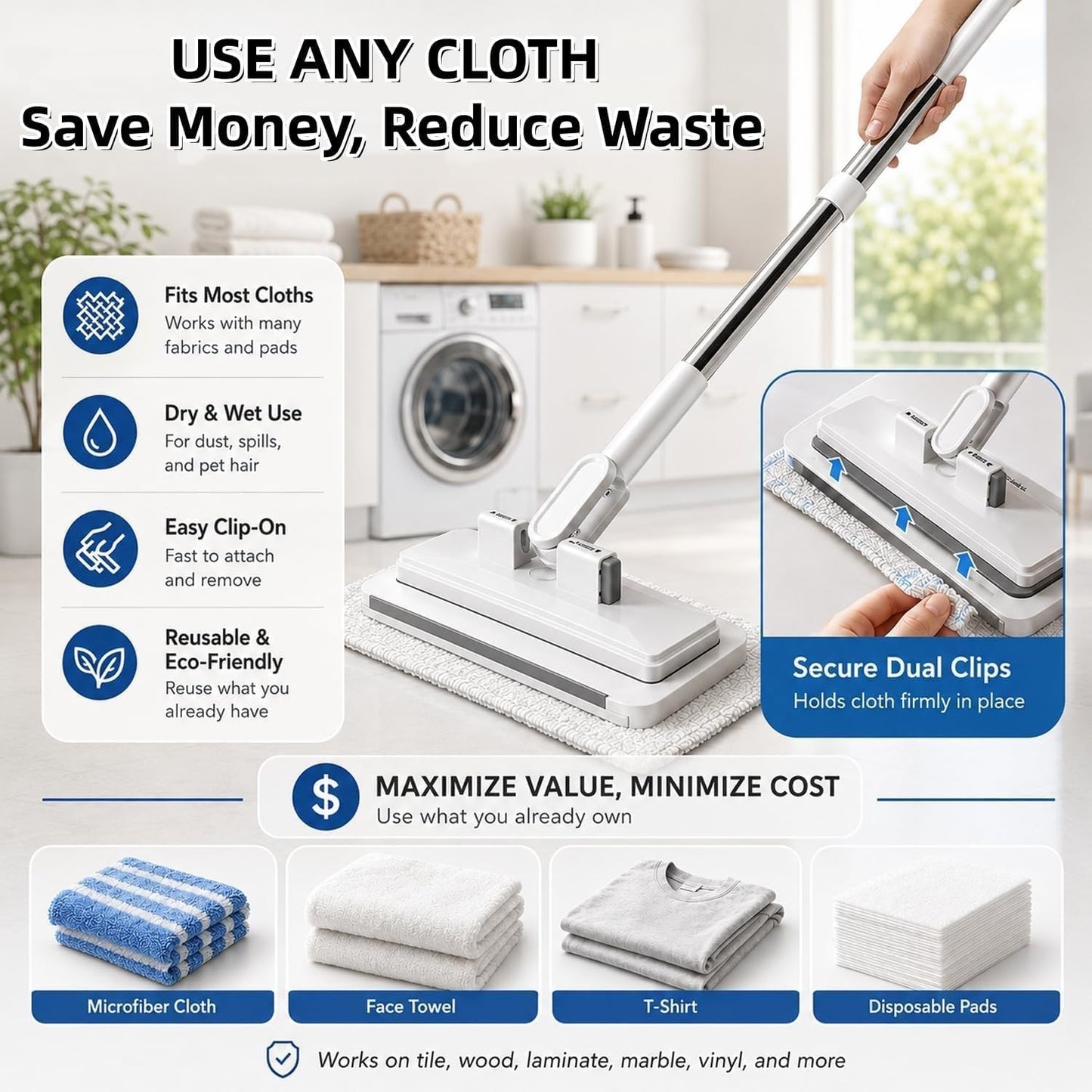 Hands-Free Multi-Purpose Flat Mop, 2026 New Hands Free Flat Mop One Click, Lazy Cleaning & Face Towel Cloth Changing Mini Mops, 360° Rotating Mops Head, for Floor, Wall, Bathroom (S(37.4in))