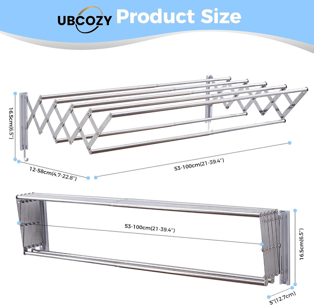 | Clothes Drying Rack Wall Mounted with Hooks - Foldable & Removable Laun...