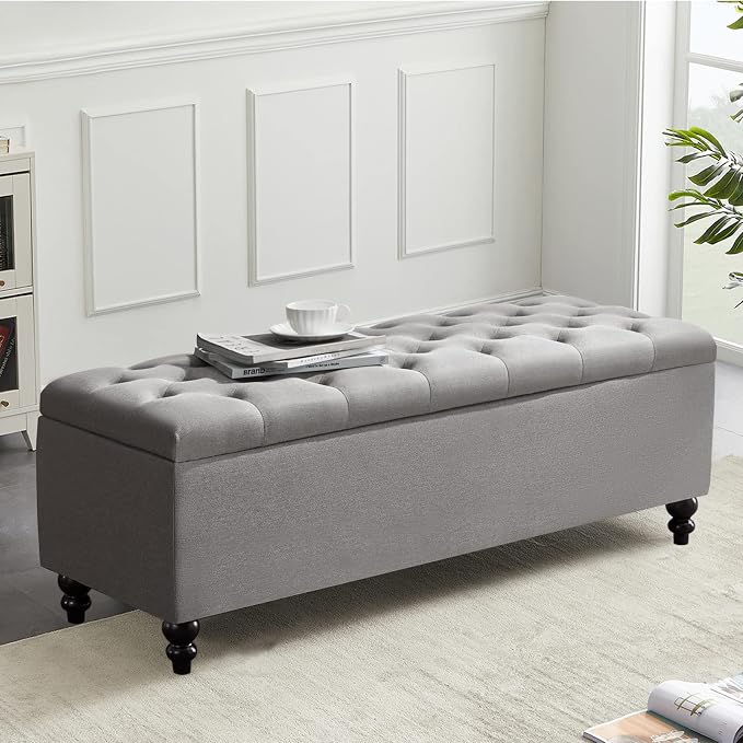 Storage Ottoman 50.2 Inches Upholstered Fabric Bench，Button Tufted by LivingGiving