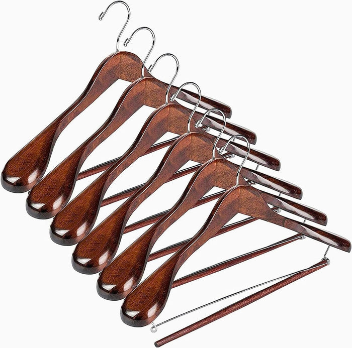 Wide Shoulder Wooden Suit Hangers with Non-Slip Pants Bar & 360° Swivel Hook - Smooth Finish Coat Hangers for Men and Women - Heavy Duty Clothes Hanger – Pack of 6
