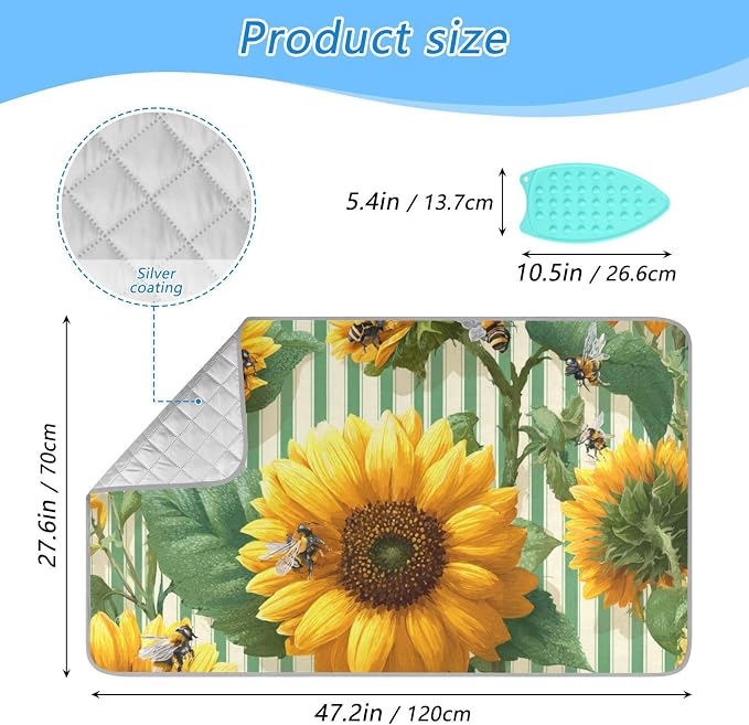 Green Striped Sunflowers and Bees Ironing Mat - Image 2