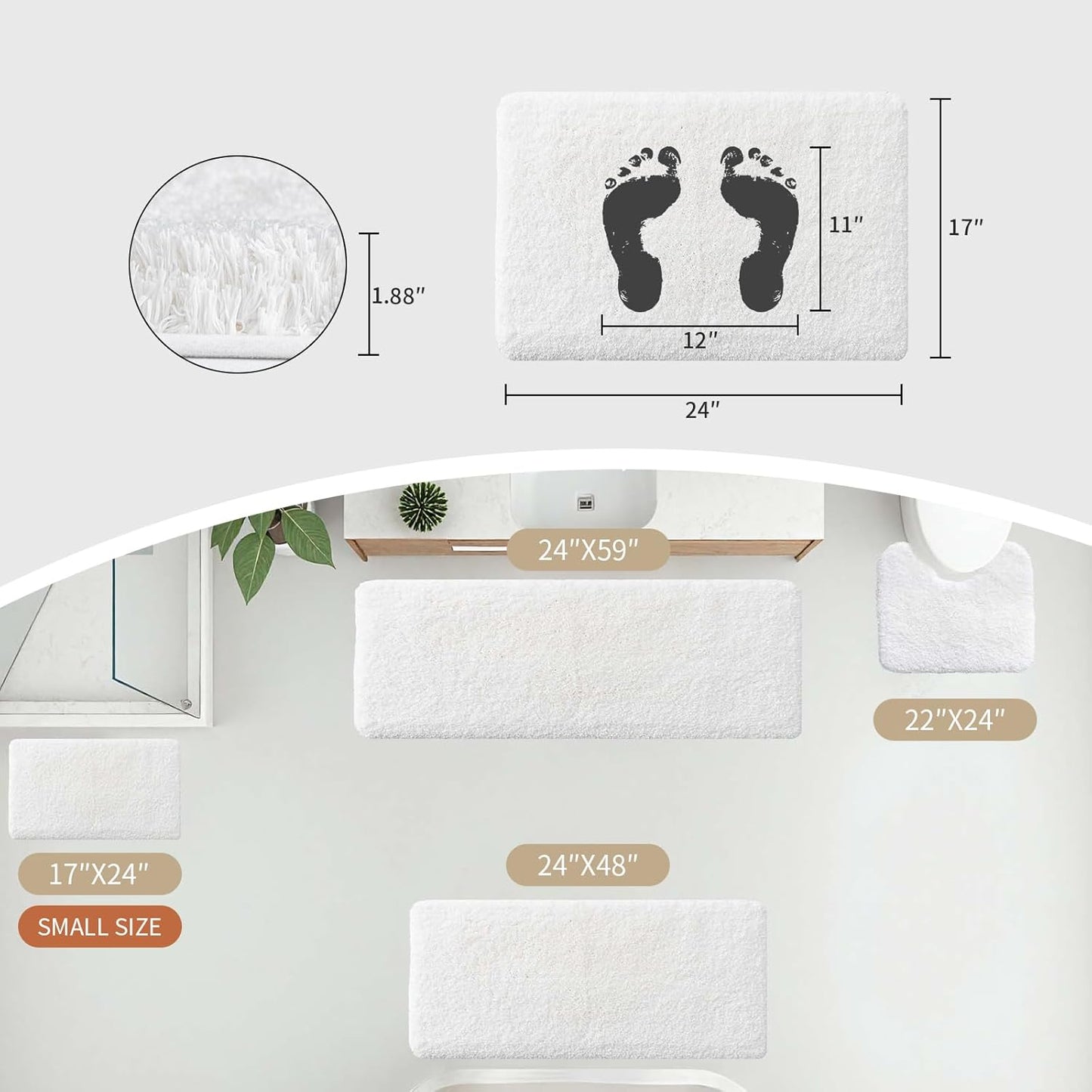 Disolla White Bathroom Rug 17x24 - Non-Slip Plush Small Bath Mat, Highly Absorbent & Ultra Soft Fluffy Floor Mat, Machine Washable for Shower and Tub